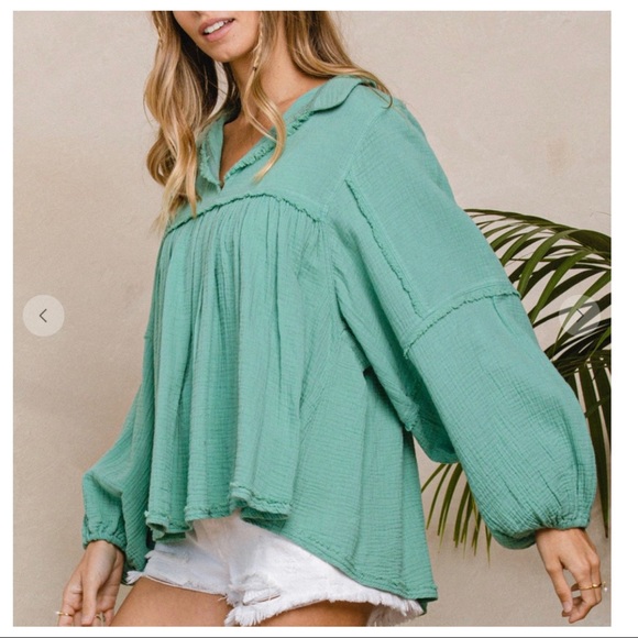 #08 Boho Chic Cotton Gauze Fabric Solid BabyDoll Top - Picture 5 of 7